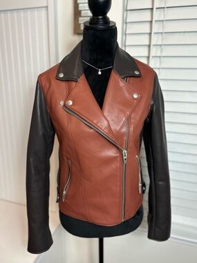 Blank NYC Two-Tone Faux Leather Jacket in Rust and Dark Brown